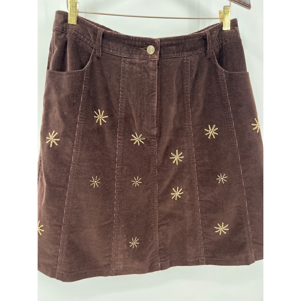 WilliSmith Brown Corduroy Embroidered Starburst Mini‎ Skirt Womens 12 Boho